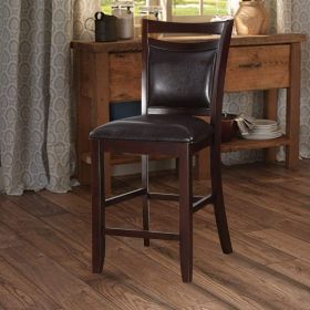 Set of 2 Counter Height Chairs Brown Color wood finish Mid-Century Modern Padded Faux Leather Seat And Back High Chairs Kitchen Dining Furniture