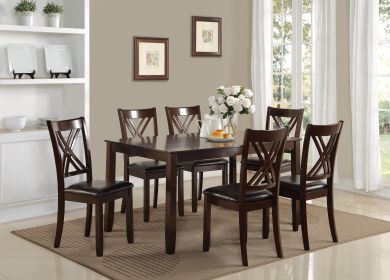 7-Pc Dinette Set Brown Espresso Finish Rectangular Table PU Upholstered Chairs Transitional Dining Room Wooden Dining Set Furniture