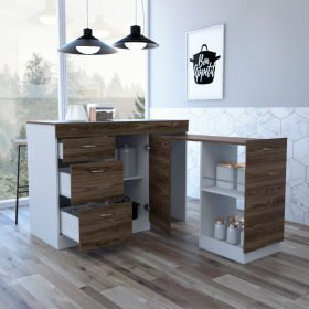 Grecia Kitchen Base Cabinet,Three Drawers, Two Internal Shelves -White / Dark Walnut