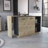 Sicilia Kitchen Island, Two External Shelves, Double Door Cabinets, Three Shelves -Black / Light Oak