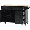 Kitchen cart with Rubber wood desktop rolling mobile kitchen island with storage and 5 draws 53 Inch length (Black)